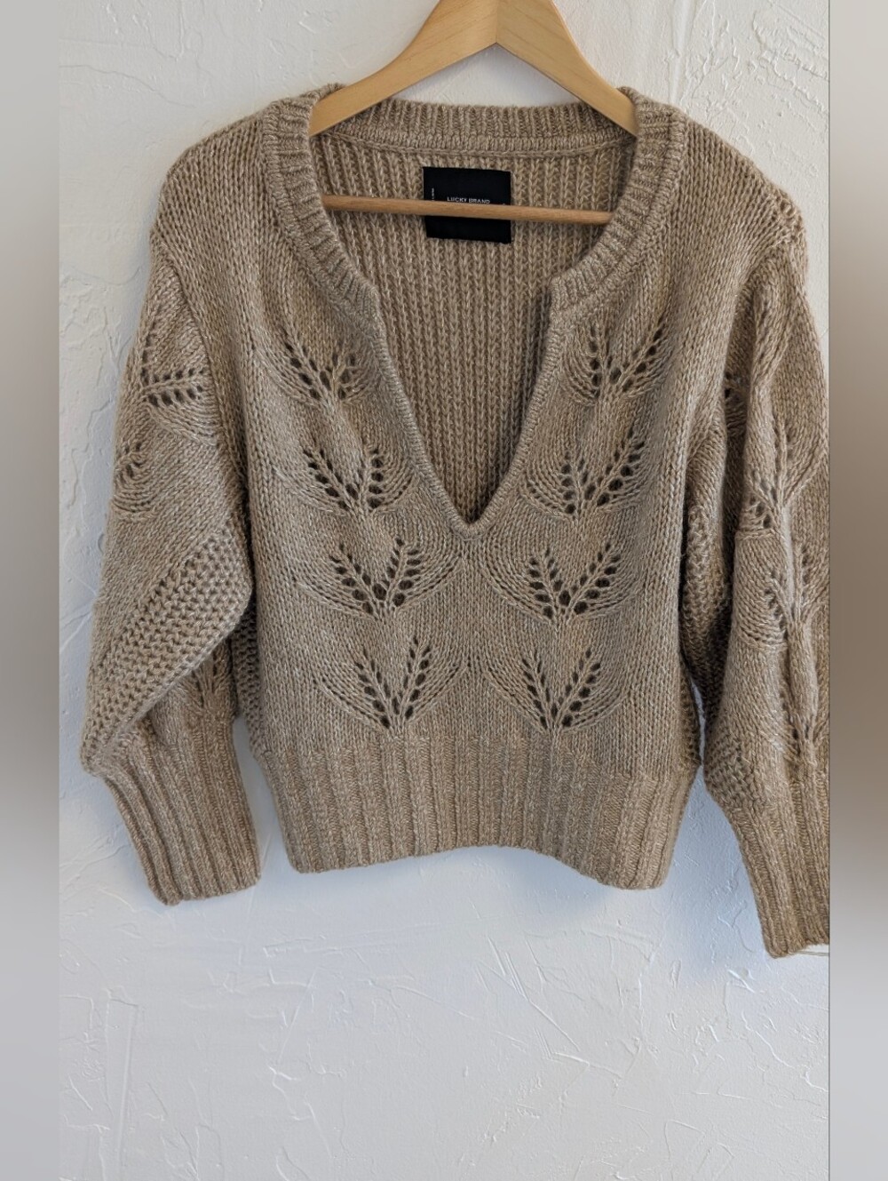 Lucky Brand Taupe Openwork V-Neck Sweater